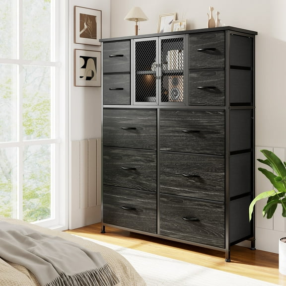 Romorgniz Tall Dresser for Bedroom with 10 Fabric Drawers Bedroom Dresser with Mesh Door for Closet, Metal Frame, Wood Top, Black