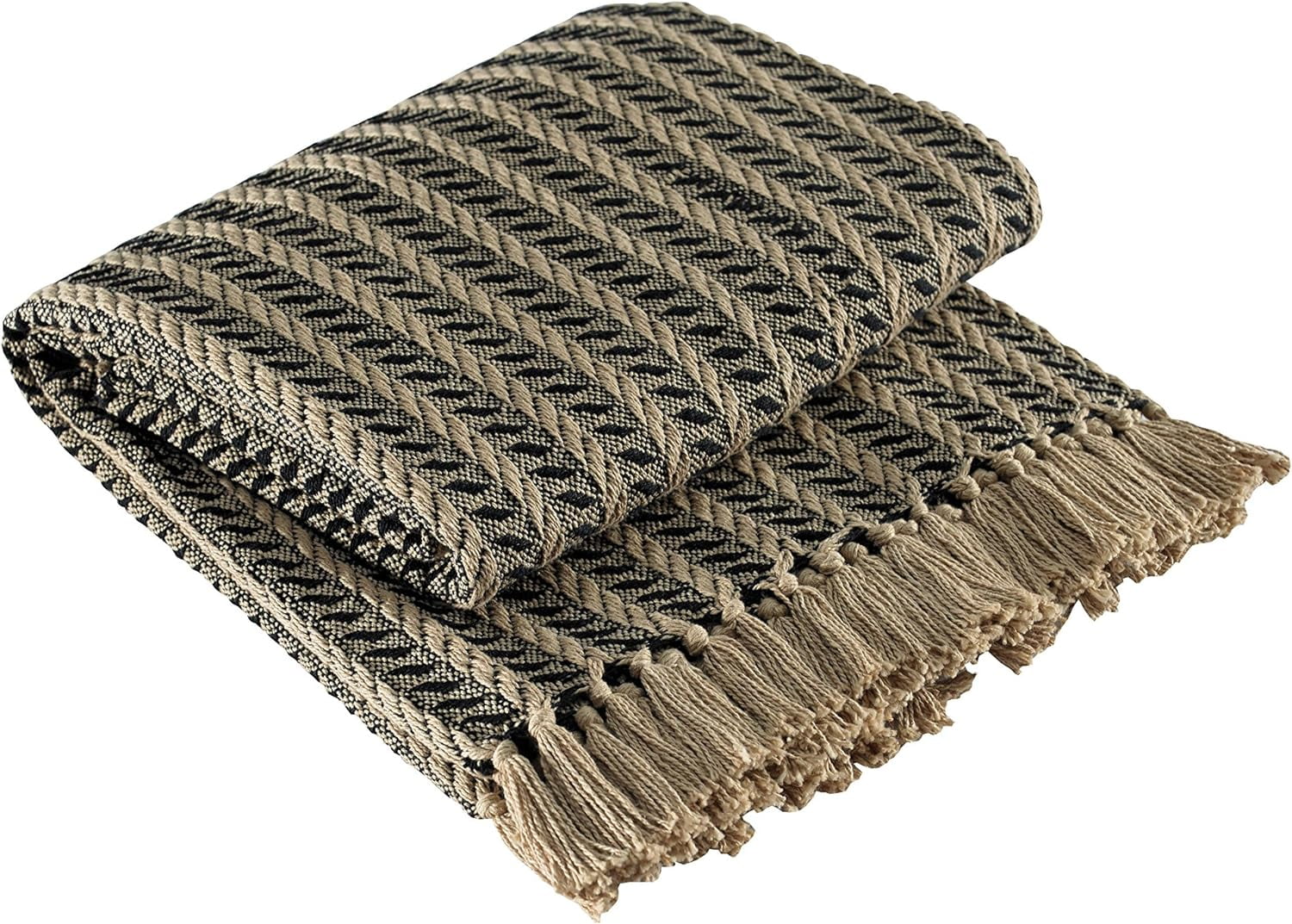 Cozy Cotton Cable Knit Throw Blanket in Black & Tan