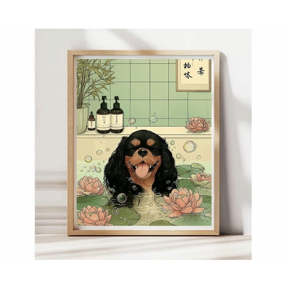 Black Tan Cavalier King Charles Japandi Restroom Bathroom Poster, Unframed Poster