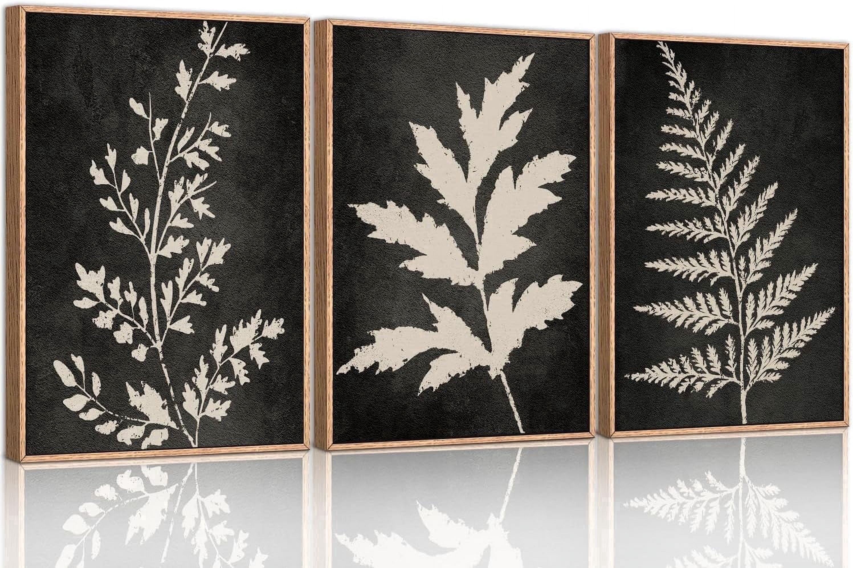 Black Tan Fern Leaf Framed Canvas Wall Art Set, Minimalist Botanical Wall Decor, Nature Fern Plant Silhouette Wall Painting, Modern Art Print for Living Room, Bedroom, Office 16"x24"x3