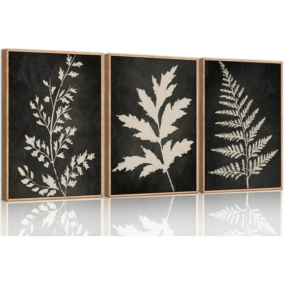 Black Tan Fern Leaf Framed Canvas Wall Art Set, Minimalist Botanical Wall Decor, Nature Fern Plant Silhouette Wall Painting, Modern Art Print for Living Room, Bedroom, Office 16"x24"x3