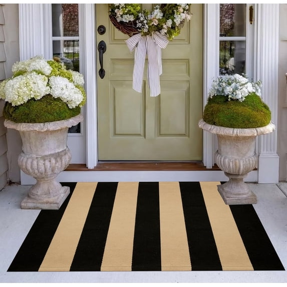 Black and Tan Layered Doormat,2x3 ft Striped Small Outdoor Rug Cotton ...