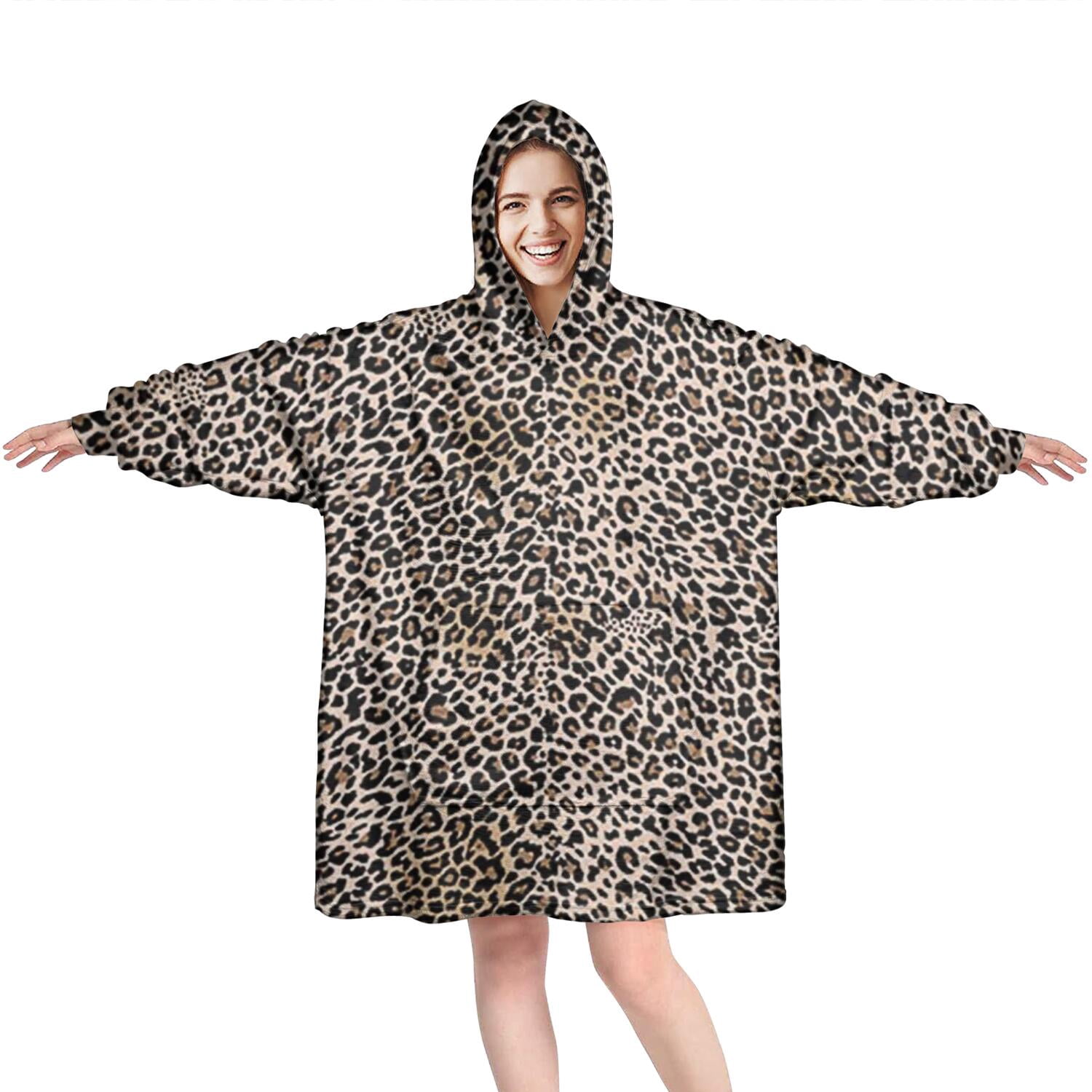 Black and Tan Leopard Print Wearable Oversized Blanket,Wearable Blanket Hoodie for Adults,Cozy Hooded Blankets with Super Pockets,Super Warm Fuzzy Pullover for Women & Men