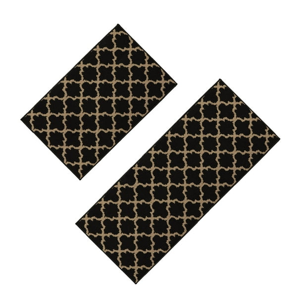 Black Tan Wool Effect Arabesque Kitchen Mat & Runner Rug Set of 2