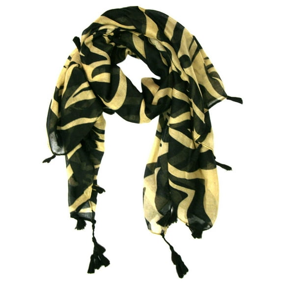 Black & Tan Zebra Striped Scarf With Tassels