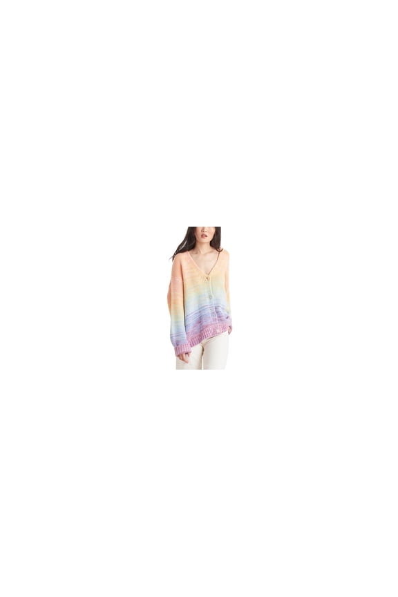 Rainbow Print Button Front Cardigan Sweater Peachy Blue Berry M