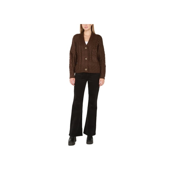 Black Tape Womens Button Up Patchwork Cable Knit Cardigan Chocolate Brown XS