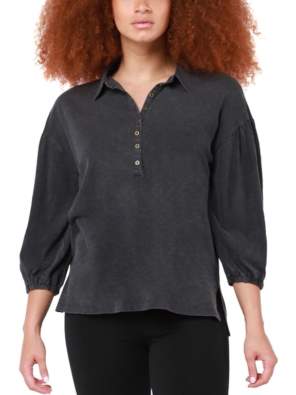 Womens Cotton Drop Shoulder Puff Sleeve Henley Top Urban Nights XS