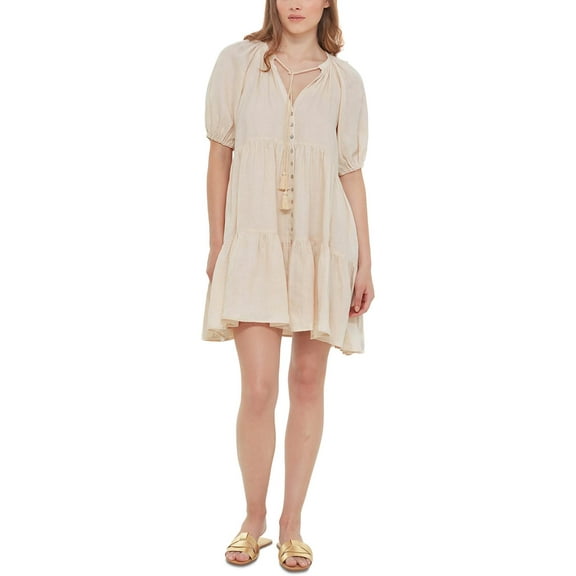 Women's Tassel-Tie Button-Front Mini A-Line Dress Cream M