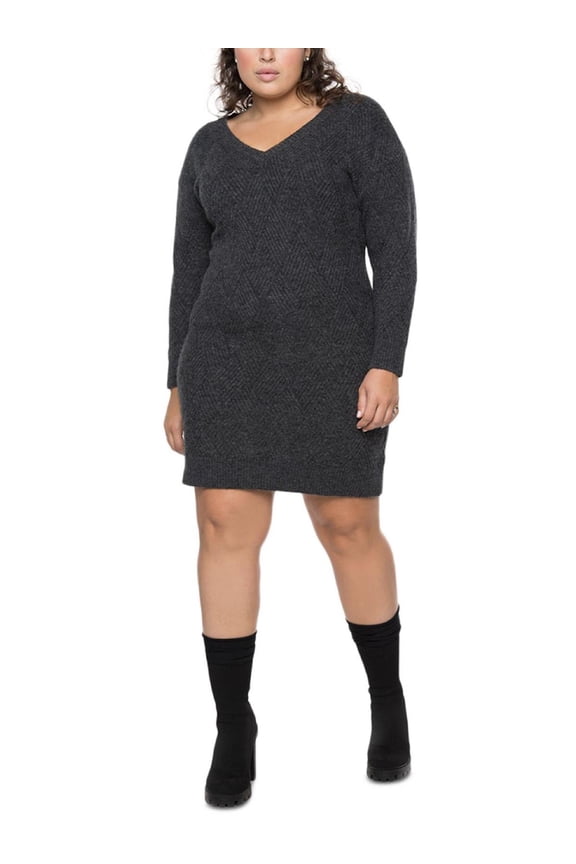 Trendy Plus Size Diamond Pattern Sweater Dress Grey Texture 2X