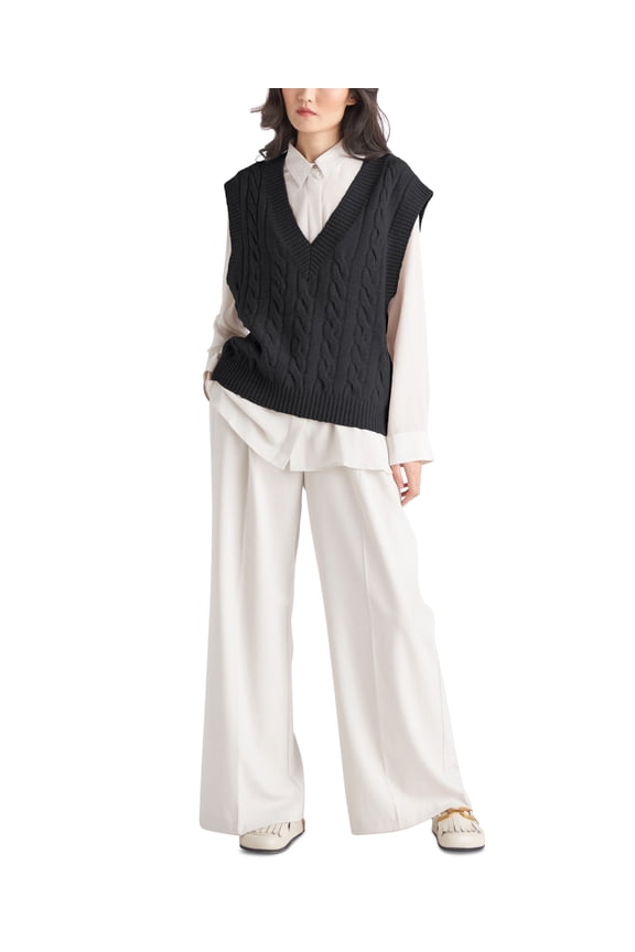 Womens Sleeveless Cable Knit Sweater Vest Black S