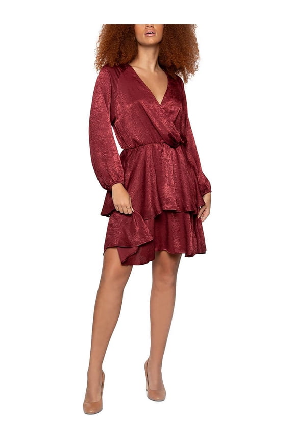 Womens Chiffon Layered Faux-Wrap Dress Red S