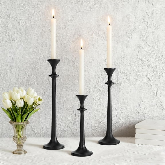 Black Taper Candle Holders Set of 3 Heavy Cast Iron Black Candlestick Holder for Table Centerpiece Modern Decorative Tapered Candle Stand Tall Set for Home Decor Fireplace Wedding Halloween Christmas