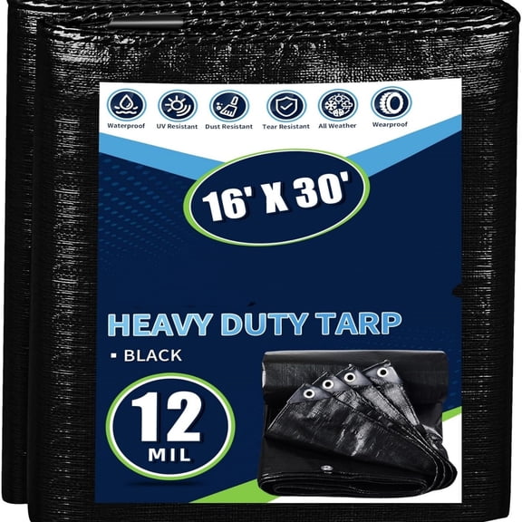 Black Tarps Heavy Duty Waterproof 16x30, 12 Mil Thick, High Durability, Rip and Tear Resistant with Metal Grommets Every 20 Inches