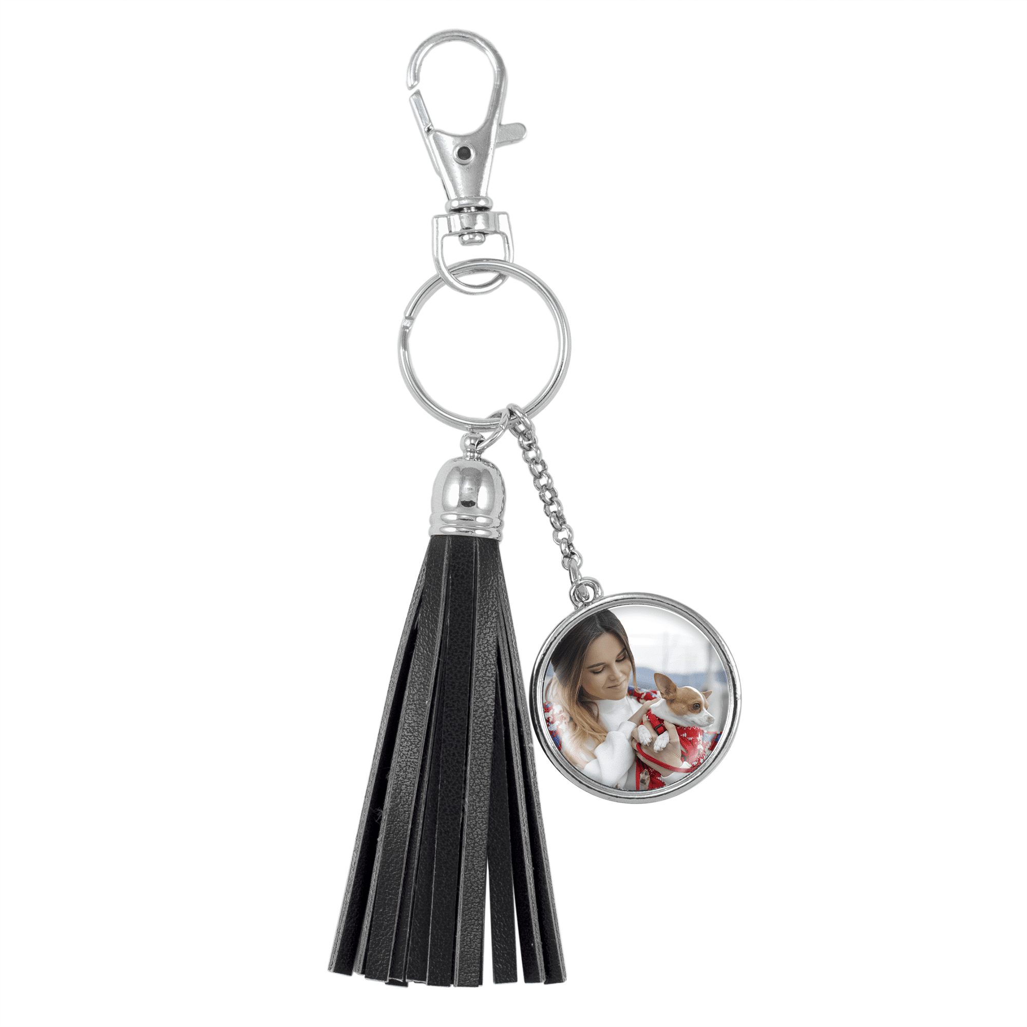 Black Tassel Photo Keychain, Silver Color