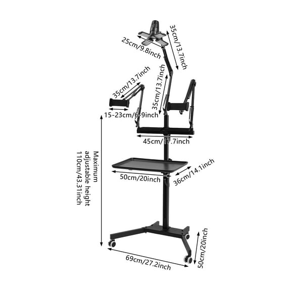 Black Tattoos Tray Cart with Light, Multifunctional Tattoos Workstation