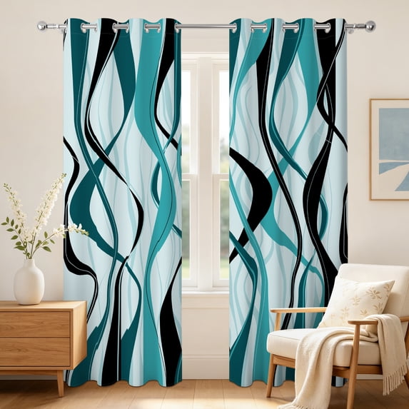 Black Teal Abstract Wavy Line Blackout Curtains,2 Panels,52x96 Inch,Thermal Insulated Grommet Window Drapes for Living Room Bedroom
