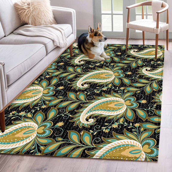Black Teal Boho Botanical Area Rug 4x6 Washable Rug Non Slip Southwestern Retro Ethnic Tribal Large Area Rug Indoor Floor Carpet for Entryway Bedroom Kitchen Living Room Office Dining Room Nursery