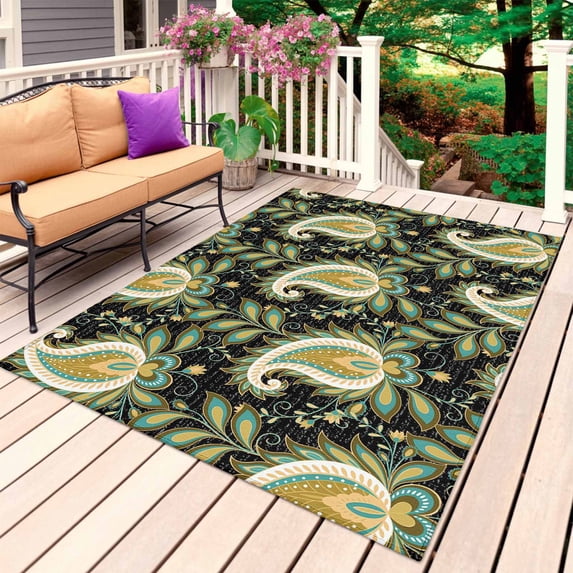 Black Teal Boho Botanical Outdoor Rug for Patio/Deck/Porch, Non-Slip Large Area Rug 4 x 6 Ft, Southwestern Retro Ethnic Tribal Indoor Outdoor Rugs Washable Area Rugs, Camping Rug Carpet Runner