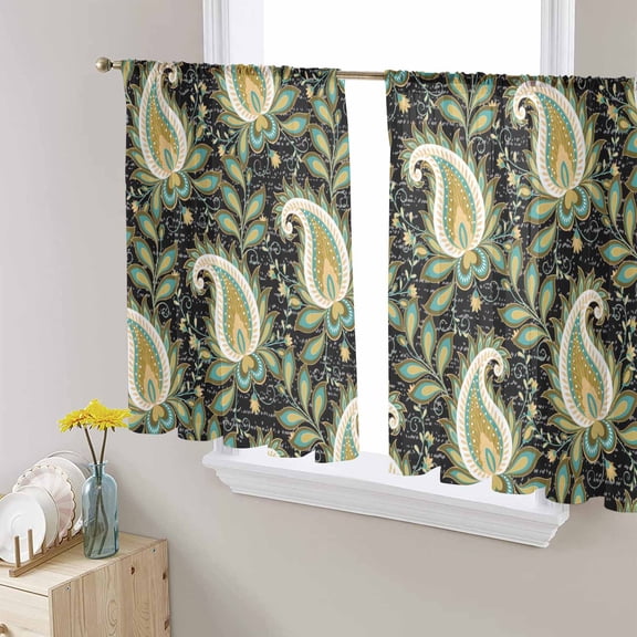 Black Teal Boho Botanical Sheer Curtains 54 Inches Length 2 Panels Set, Window Sheer Curtains for Living Room/Bedroom, Southwestern Retro Ethnic Tribal Light Filtering Rod Pocket Curtain 52''x54''x2