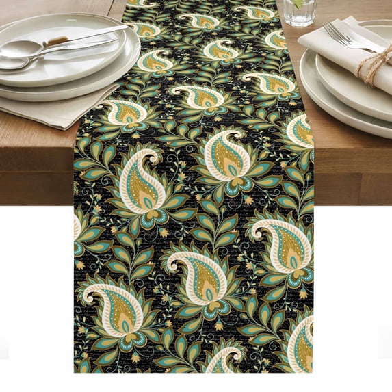 Black Teal Boho Botanical Table Runner - 72 Inch Long, Kitchen Dining Table Runner Dresser Scarves, Southwestern Retro Ethnic Tribal Farmhouse Decor for Coffee Tables Wedding Party Banquet
