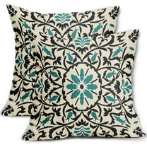 Black Teal Boho Pillow Covers 18 X Inch Bohemian Ethnic Carpet Style Vintage Flower Print Decorative Throw Pillows Outdoor Linen Square Cushion Case Farmhouse Decor Set of 2