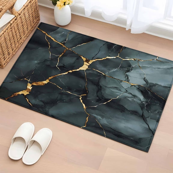 Black Teal Marble Bathroom Mats 2x3 FT, Non Slip Small Kitchen Mat, Modern Ink Painting Art Abstract Washable Soft Backed Front Door Throw Rugs Non-Shedding Indoor Outdoor Doormat for Entryway Sink