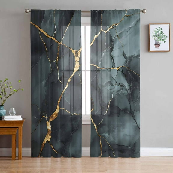 Black Teal Marble Sheer Curtains 96 Inches Long 2 Panels Set, Window Sheer Curtains for Living Room/Bedroom, Modern Ink Painting Art Abstract Light Filtering Rod Pocket Curtain 52'' x 96'' x 2