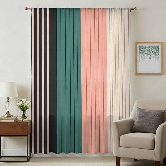 Black Teal Pink Beige Stripe Sheer Curtains 54 Inches Long, Farmhouse Striped Light Filering Curtains, Breathable Simi Curtain Privacy Drapes for Kitchen Bathroom Lightweight Small Window Treatment