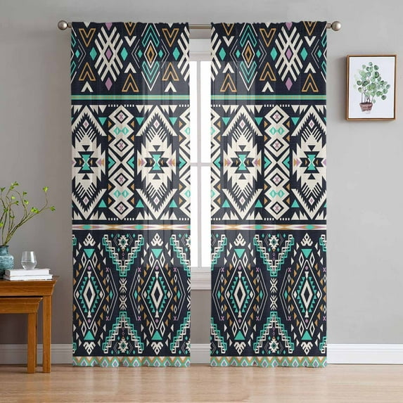 Black Teal Purple Southwestern Semi Sheer Curtains 84 Inch Length 2 Panels Set,Modern Geometric Abstract Art Sheer Kitchen Curtain Voile Window Curtain for Living Room Bedroom Rod Pocket Drapes