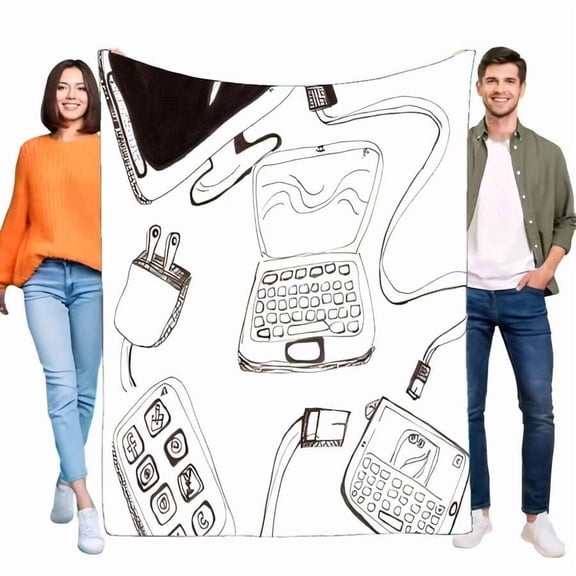 Black Tech Gadgets Doodle Blanket Soft Flannel Throw For Bed Sofa White Line Art Computer Phone Electronic Device Theme