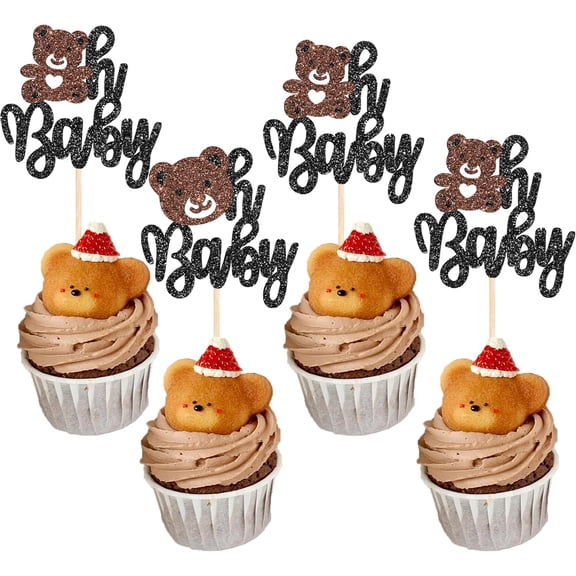 Black Teddy Bear Cupcake Toppers 12 PCS, Glitter Hi Baby Picks for Baby Shower and Gender Reveal Party Decorations