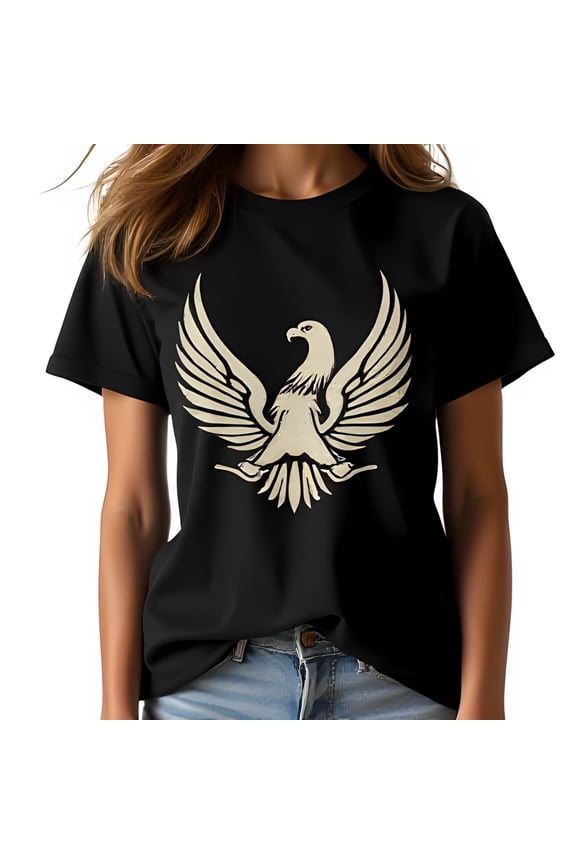 Black Tee with Bold White Eagle Graphic Relaxed Fit Casual T-Shirt