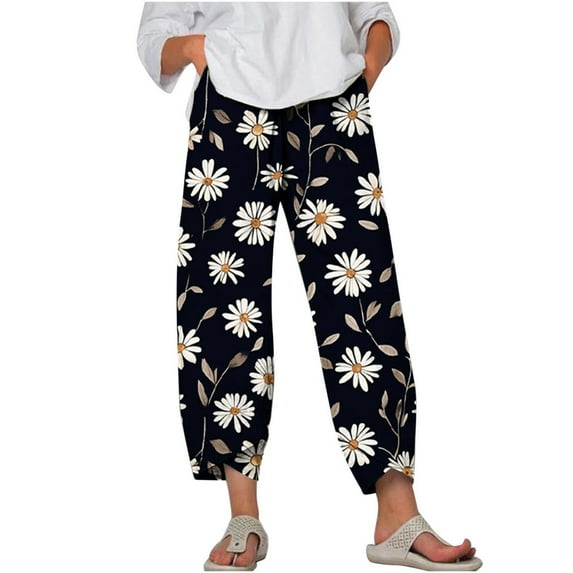 Black Teen Girls Harem with Slit Flared Bell Bottom Pants Daisy Flower Graphic Loose Fit Pants for Women Faux Linen Lounge Fall Summer Pants 2025 Clothes 3XL