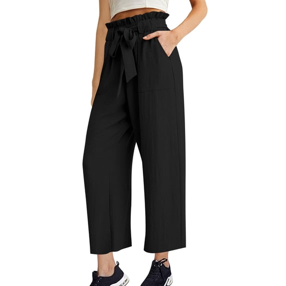 Black Teen Girls Trousers Pants for Women Lace Loose Fit Lightweight High Leg Tie Knot Straight Leg Plain Fall Summer Trousers Pants 2026 Clothing Trendy M