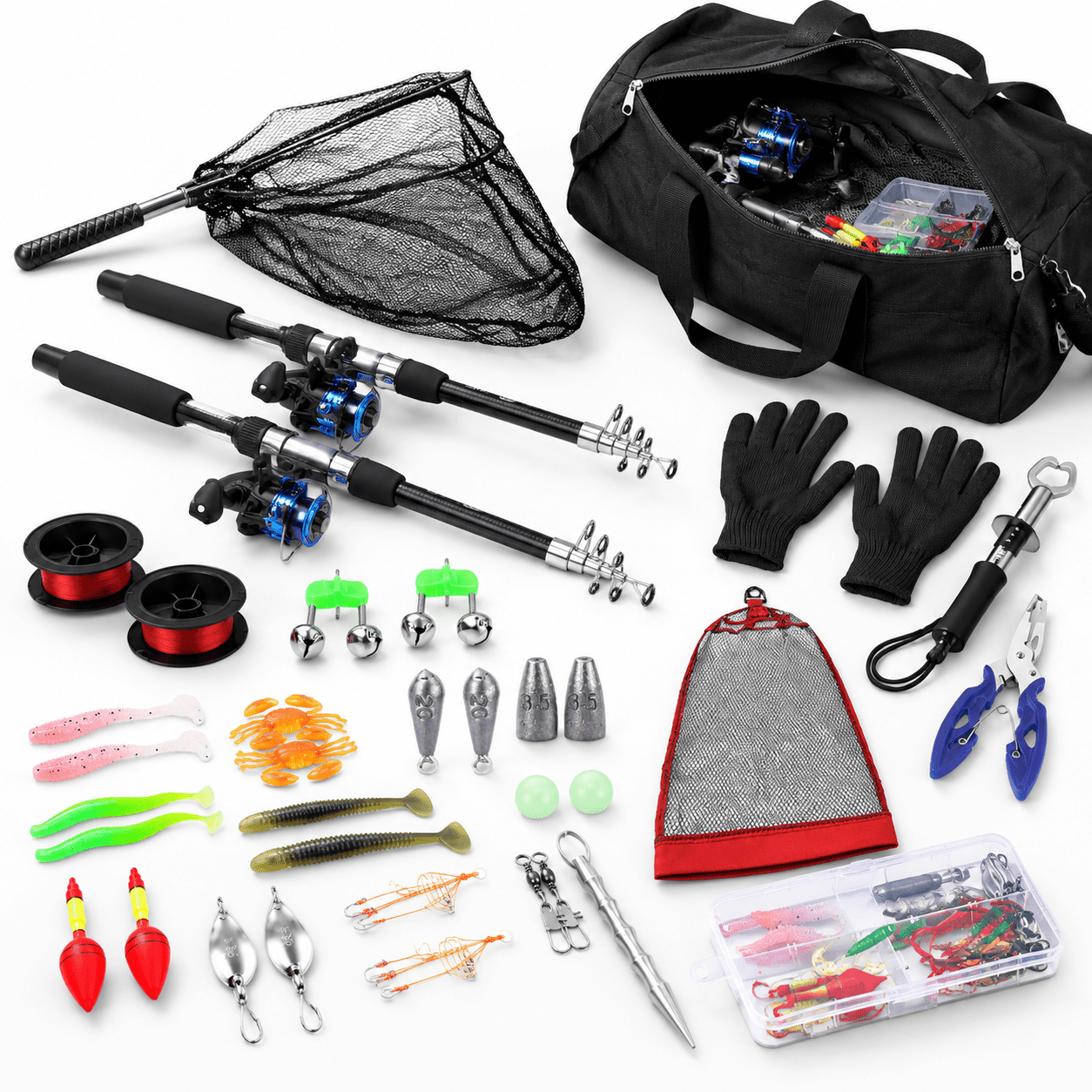 Black Telescopic Fishing Rod and Reel Combo Kit with Full Fishing Gear ...
