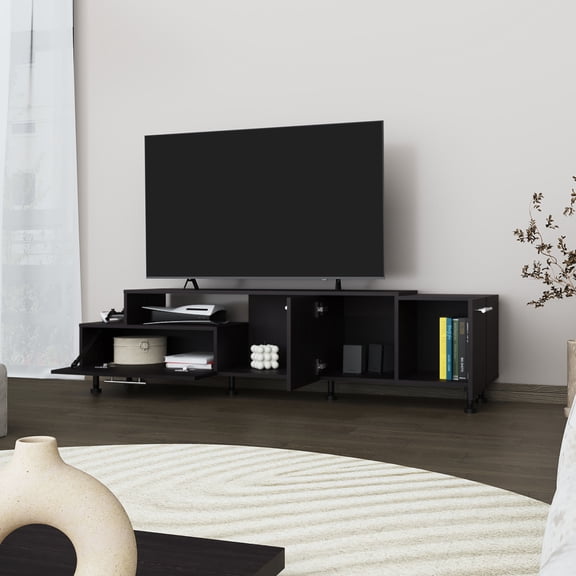 Black Television Stand - Engineered Wood, Strong And Elegant, For 50-59 Inch Tvs, With Open Shelves Closed Storage Interior Decoration Concept Cabinet Wood Made, Stylish Hidden Compartments Room