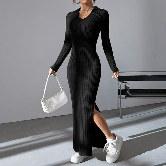 Black Temperament Pit Strip Slimming Dress Autumn/Winter Casual Waist Wrap With Hip V-neck Knit Dress