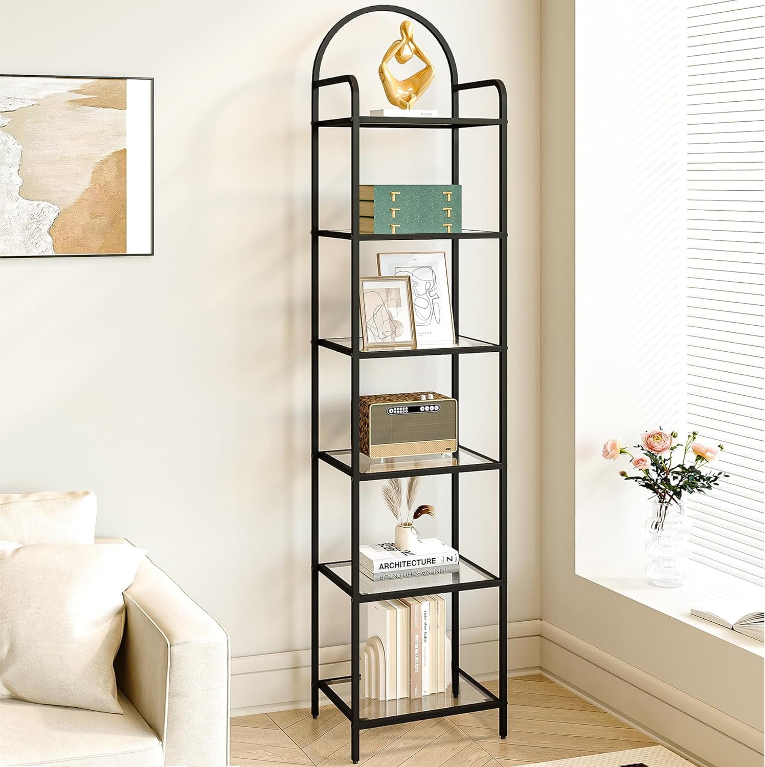 Black Tempered Glass 6-Tier Arched Bookshelf with Steel Frame