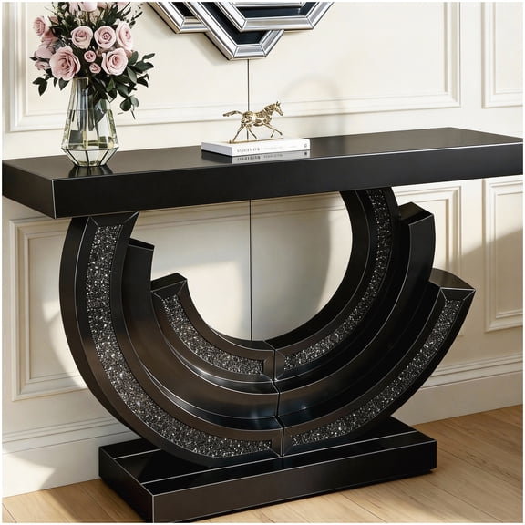 Black Tempered Glass Console Table for Primary Living Space Half-Moon Mirrored Accent Sofa Table with Crushed Diamond Decor