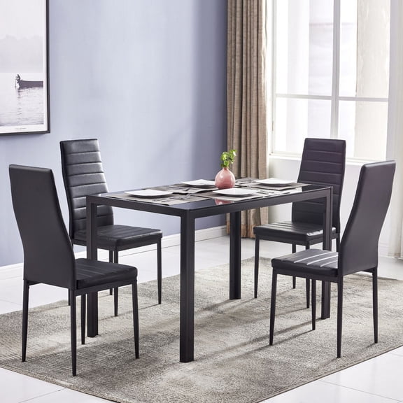 Black Tempered Glass & Iron Dining Set - 1 Rectangular Table with 8mm Glass Top + 4 High-Back PU Chairs with Stripping Texture
