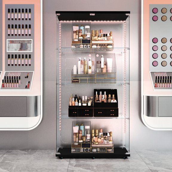 Black Tempered Glass - Remote - Operated and Motion - Activated Lights - Living Room - Aesthetic & Convenient Storage