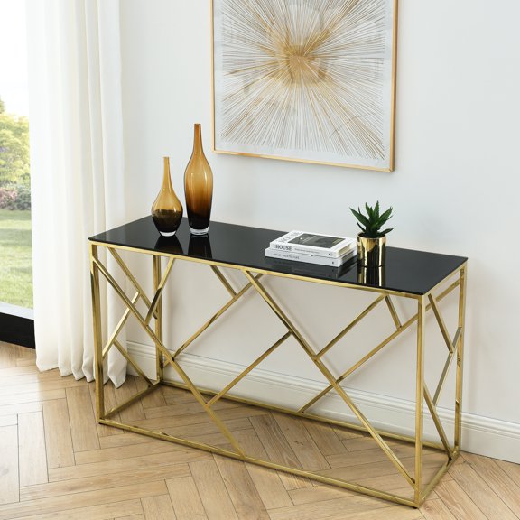 Black Tempered Glass Table With 55" Gold Metal Frame For Living Room Bedroom Entryway Modern Console And Hallway Display