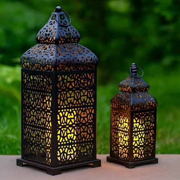 Temple Moroccan Style Lantern Decorative Candle Holder for Home Decor, Black, Set of 2
