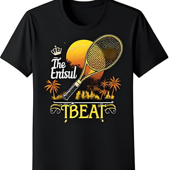 Black Tennis Inspired T-Shirt with Tropical Sunset & Trees Design The Entsul BEAT