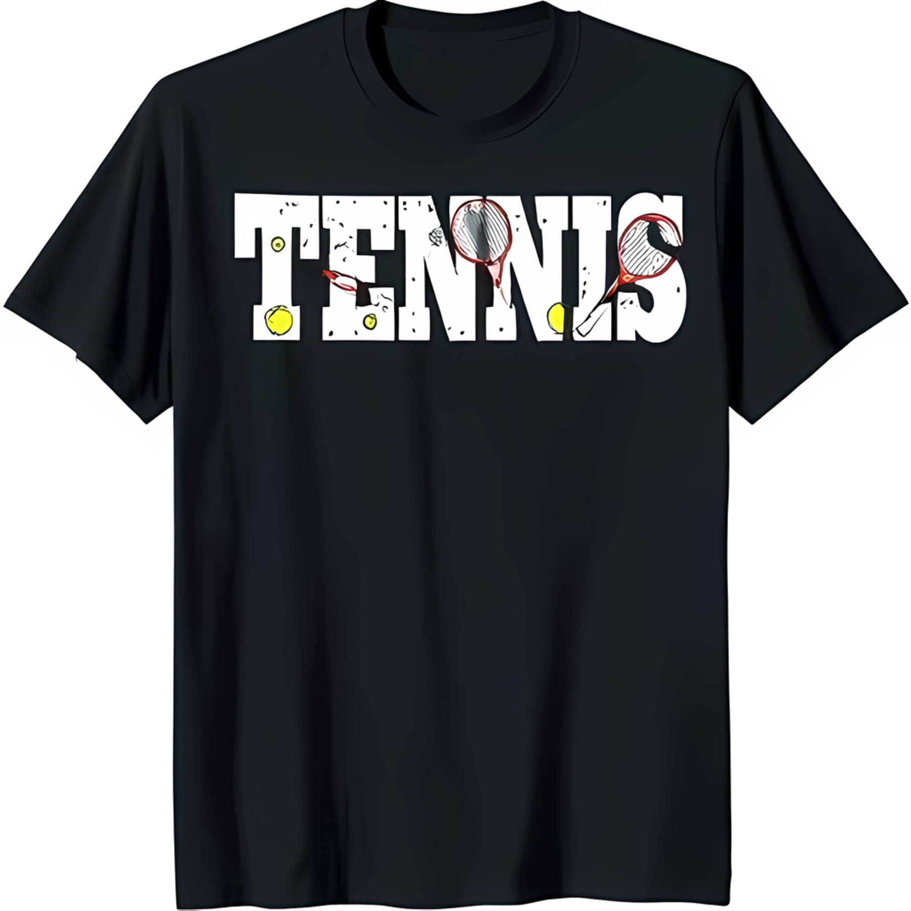 Black Tennis TShirt with Unique White Design Rackets & Balls in 'TENNIS' Text