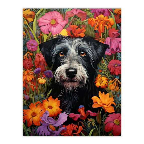 Black Terrier Dog In Bold Vibrant Spring Meadow Flowers William Morris Style Pattern Artwork Norfolk Large Wall Art Poster Print Thick Paper 18X24 Inch