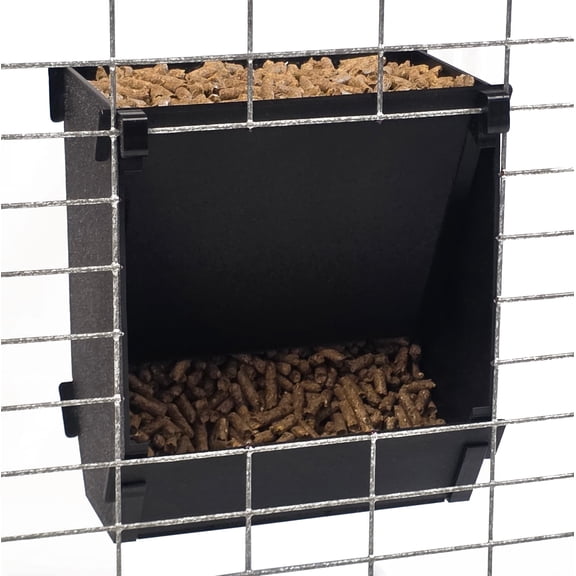 Black Texas USA Made 6-Inch Cage Hanging Rabbit Feeder with ID Tag for Rabbit Pellet Feed with a Sifter Base