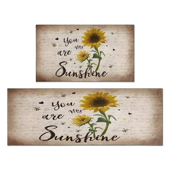 Black Text Sunflower Flowers Kitchen Rugs and Mats Sets Of 2,Kitchen Decoration Rugs,Rubber Backing Non-Slip Floor Mat for Sink Washable Waterproof Laundry Room Runner Rugs