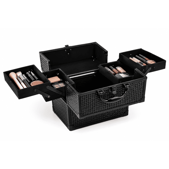 Black Textured Hard Cosmetic Organizer Case with 4 Retractable Trays